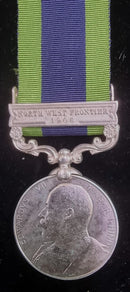 P128 Single: India General Service 1908 one clasp “NWF 1908” 9076 Pte J. McKay 1st BN. Sea Hdrs.