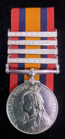 P44 Single QUEENS SOUTH AFRICA 1899 four clasps: “ TALANA, D of Lady, L.NEK, Belfast”. Impressed 4647 Pte. A. Markham, 1 Liec. Regt.