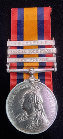 P46 Single: QUEENS SOUTH AFRICA 1899 three clasps: “CC, OFS, T.”. Impressed 1682 Corpl. J. H. Godby, Victorian Mounted Rifles. 5th Contingent.