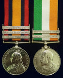 Pair : QUEENS SOUTH AFRICA MEDAL 1899 three clasps "CC,OFS,T". KINGS SOUTH AFRICA two clasps impressed 6455 Pte.E.M.Burrows. S.Wales Bord. - near VF SOLD