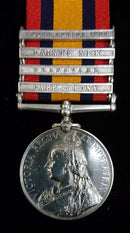Single : QUEENS SOUTH AFRICA MEDAL 1899 four clasps "CC, T, LAINGS NEK, SA 01" Impressed 7869 PTE A. JERRAT. SCOTTISH RIFLES Near - EF SOLD