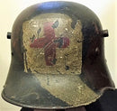 An outstanding WW1 Austrian/German M18 camouflage Steel helmet. Typical 3 colour camouflage with black dividing lines. - SOLD