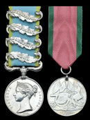 Pair: Private J. Hughes, 63rd Regiment Crimea 1854-56, 4 clasps, Alma, Balaklava, Inkermann, Sebastopol (63rd Regt.) officially impressed naming; Turkish Crimea 1855, Sardinian issue, unnamed, pierced with ring suspension.