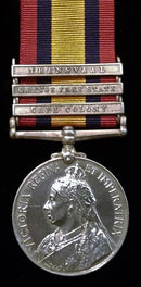 Single: QUEENS SOUTH AFRICA MEDAL 1899 three clasps "CC, OFS, T" Impressed 6199 PTE S. MILLER. E. YORKSHIRE REGT