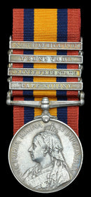 Single: Queen's South Africa 1899-1902, four clasps "CC, OFS, T, SA01" impressed 145 Pte. E. Kelk, Queensland M.R. Note: Eustace Kelk was born on 11 June 1879 in Brisbane, Queensland. Died 14 April 1946 - VF SOLD