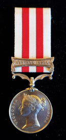 Single: Indian Mutiny Medal 1857-58 one clasp "CENTRAL INDIA" impressed naming to COLR SERJT J. F. STEVENS. 86TH REGT. Confirmed on medal roll as Colour Sergeant J. Stephens - Near EF SOLD