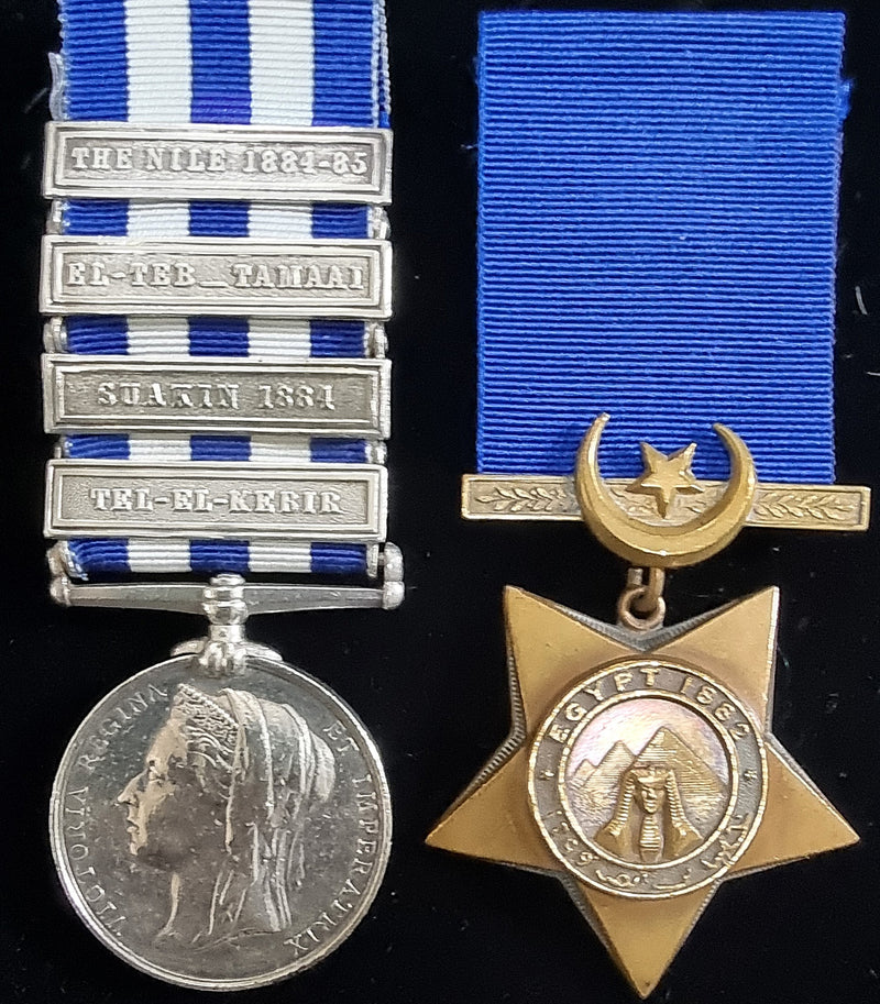 Pair: EGYPT AND SUDAN 1882-89, 4 clasps, Private J. Jack, 1st Gordon Highlanders