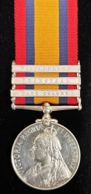 Single: QUEENS SOUTH AFRICA MEDAL 1899 three clasps “CC, T, WITT.” impressed 2880 Pte. G. Keidmore Manch Rgt.