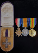 Military Cross in original case and engraved Lieut HERBERT R Dunlop RFA(T) GALLIPOLI 1915, Trio correctly impressed. Group of 5: Military Cross G.V.R, 1914-15 Star (Lieut), British War & Victory Medals (Major), Defence Medal (unnamed).
