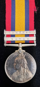 Single: QUEENS SOUTH AFRICA MEDAL 1899 two clasps “NATAL, Belfast” impressed 2312 Pte. J. Martin Manchester Rgt.