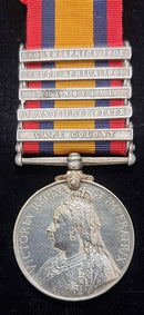 Single: Queen’s South Africa 1899-1902, 5 clasps, Cape Colony, Orange Free State, Transvaal, South Africa 1901, South Africa 1902 (574 Tpr: H. Morley. S.A.C.)