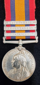 Single: QUEENS SOUTH AFRICA MEDAL 1899 three clasps “R of Kim, Paard, Drief.” Impressed 2867 Pte. J. R. Rayson Yorkshire Rgt.