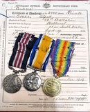 Three: Military Medal G.V.R, British War & Victory Medals. Impressed 2960 Pte. A. Smee. 58BN AIF. Comes complete with original Discharge paper.
