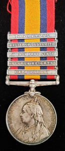 Single: QUEENS SOUTH AFRICA MEDAL 1899 five clasps “CC, T HTS, OFS, R of LADY, T” impressed 5351 Pte. G. Webb 1. BORD. REGT.
