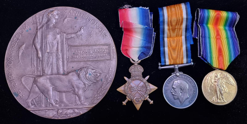 Group of four: 1914-15 Star, British War & Victory Medals. 2334 Pte. A. H. E. West, 3-London Rgt. With Death Plaque. KIA Gallipoli