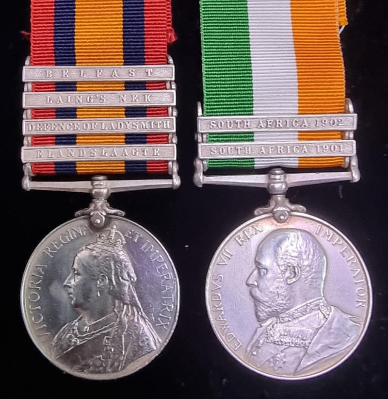 P50 Pair : Queen’s South Africa Medal 1899 with four clasps "ELANDSLAAGTE, D of Lady., L. NEK., Belfast” and Kings South Africa medal with two clasps “S.A 1901 & S.A. 1902” both medals correctly impressed to 4987 Pte. H. Parkes, Gordon Hdrs.