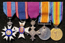 Miniatures: The Most Distinguished Order of St. Michael and St. George, C.M.G., Companion’s breast badge, silver-gilt and enamel; The Royal Victorian Order, M.V.O., Member’s 4th Class breast badge, silver-gilt and enamels; M.B.E.
