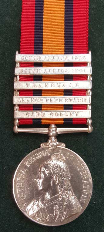 Single: Queen's South Africa 1899-1902, five clasps "CC, OFS, T, SA01, SA02" impressed 3651 Serjt: Maj: J. W. Moore, N.S. Wales M.R    Note: Sergeant Major James William Moore, D Sqn, 3rd New South Wales Mounted Rifles - VF SOLD