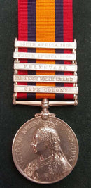 Single: Queen's South Africa 1899-1902, five clasps "CC, OFS, T, SA01, SA02" impressed 2457 TPR J. McINTRE N. S. WALES M. R.    Note: Trooper J McIntyre, E Sqn, 3rd New South Wales Mounted Rifles - EF SOLD