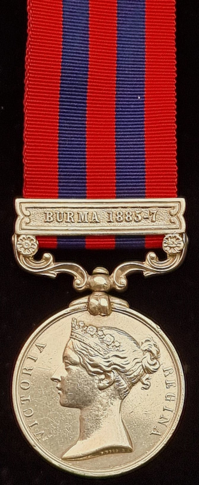 P17 SINGLE: India General Service Medal 1854 one clasp; ‘BURMA 1885-7’ running script 1733 Pte. W. Greenfield 2nd Bn Hamps. R.