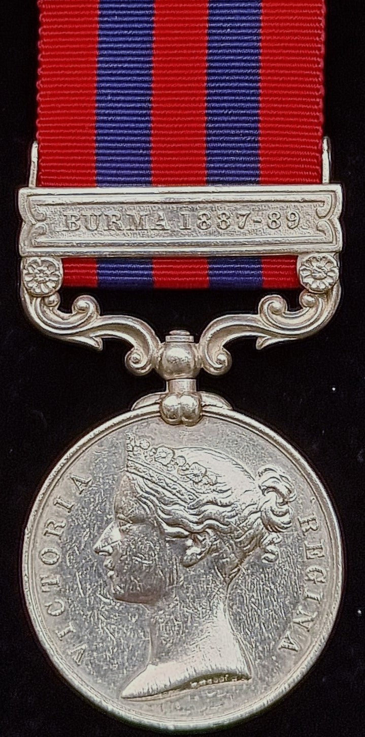 P18 SINGLE: India General Service Medal 1854 one clasp; ‘BURMA 1887-9’ impressed 834 Pte T. Fowler 2-CHES. RGT.