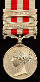 P23 SINGLE: Indian Mutiny Medal 1858 two clasps; ‘RELIEF OF LUCKNOW, DELHI’ impressed Corpl. Hy. Smith. 75th RGT.