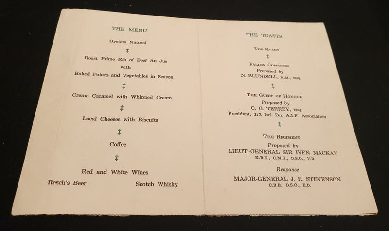 2/3rd Australian Infantry Battalion A.I.F.  25th Anniversary Remembrance Dinner  Invite and Menu 1964 at the Hilton, Potts Point. Guest of Honour Lieut-General Sir Iven Mackay K.B.E., C.M.G., D.S.O., V.D.  Signed by many ex-members.