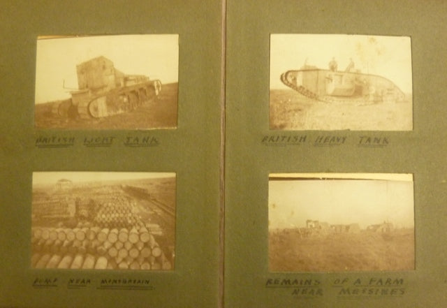 Photograph album containing 48 original WW1 photos taken in France. The Album undoubtedly has an Australian Artillery connection with one caption stating "Group NCO's OF 31st BTY".  - SOLD