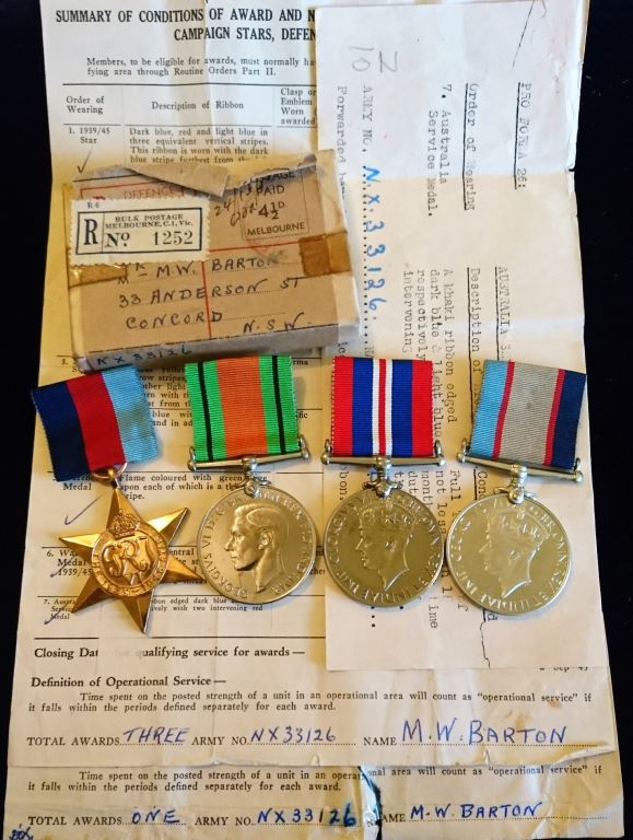 Group of Four:1939/45 Star, Defence Medal, War Medal and Australian Service Medal 39/45. All medals correctly impressed to NX33126 M. W. BARTON