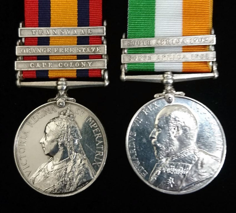 Pair : QUEENS SOUTH AFRICA MEDAL 1899 three clasps "CC,OFS,T'.(top clasp loose).  engraved cav. style KINGS SOUTH AFRICA two clasps impressed 945 Sapr.F.J.Brook R.E. -  EF SOLD