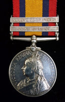 Single : QUEENS SOUTH AFRICA MEDAL 1899 two clasps : " CC,OFS" impressed 6864 Sgt.J.Clarke.S.Lanc. Rgt.