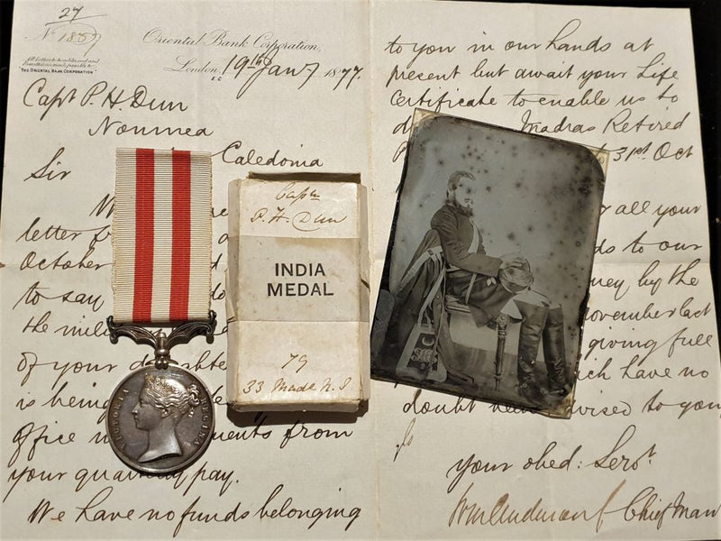 FAMILY GROUPING  Single: India General Service 1854-95, 1 clasp, Persia (1st Lieut. G. M. Duncan, Bombay Engrs.) with named card box of issue and Daguerreotype photo of recipient. - SOLD