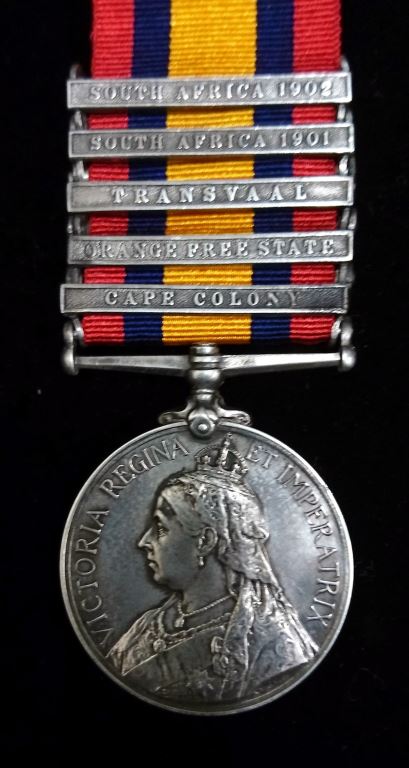 Single :QUEENS SOUTH AFRICA MEDAL 1899 five clasps " CC,OFS, T, SA01, SA02" impressed 5354 Pte.W.Eldridge. Rifle Brigade.