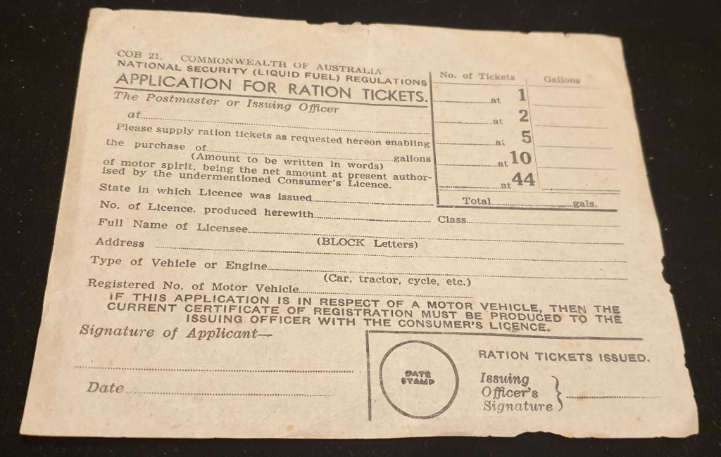 Fuel Ration Tickets Commonwealth of Australia blank application for Ration Tickets (Fuel ...
