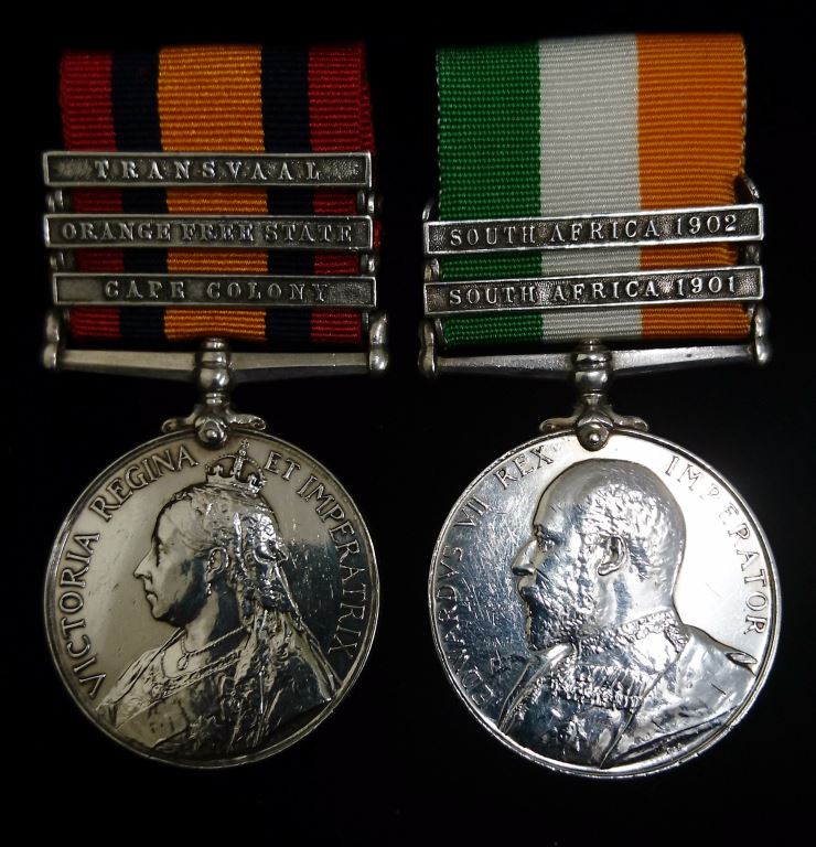 Pair : QUEENS SOUTH AFRICA MEDAL 1899 three clasps " CC,OFS,T". KINGS SOUTH AFRICA two clasps both impressed 5424 Pte.R.Fletcher. L.N.Lanc.Rgt.