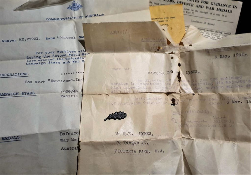Five: 1939/45 Star, Pacific Star, Defence Medal, War Medal (M.I.D.) and Australian Service Medal 1939/45. All medals Officially impressed to WX27931 W. E. LYNES (11TH AUSTRALIAN INFANTRY BATTALION)