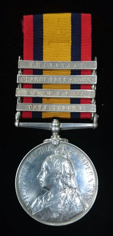 Single: QUEENS SOUTH AFRICA MEDAL 1899 four clasps "CC, RHODESIA, OFS, T." correctly impressed to 422 TPR A. McCAUSLAND VICTORIAN BSHMN: