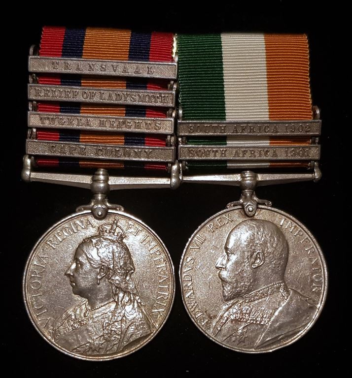 Pair: QUEENS SOUTH AFRICA MEDAL 1899 four clasps "CC, Tugela Heights, Relief of Ladysmith and Transvaal ", impressed to 88206 C. Shg. Sth. T. McFarlane, 78th Bty., R.F.A.,  KSA two clasps. Impressed to 88206 Sjt:-Far: T. McFarlane. R.F.A. - VF SOLD