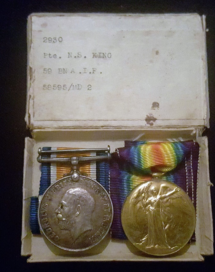Pair: British war medal and Victory medal impressed to 2930 PTE N. S. KING 59 BN AIF - EF SOLD