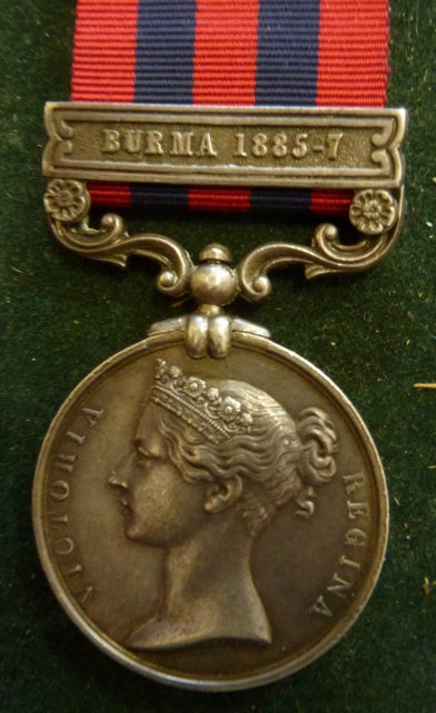 India General Service Medal 1854 one clasp : "Burma 1885 - 7" named in running script to: 1162 Pte. T. Keohane 2nd Bn.Rl.Muns.Fus. - VF SOLD