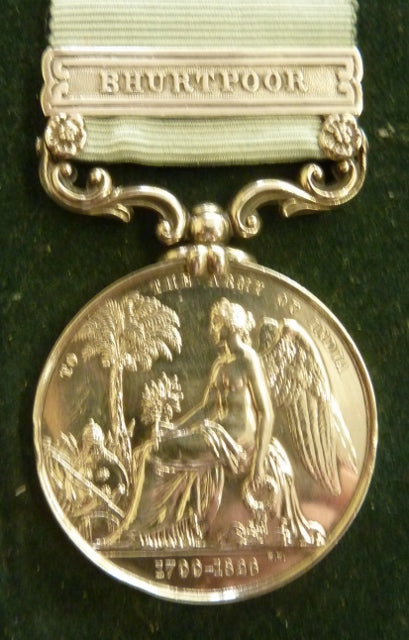 Single : ARMY OF INDIA MEDAL one clasp "Bhurtpoor" impressed Drummer J.Gee 59th Foot.  Short hyphen & WW type. The 59th were part of the main storming of this major fortification being the gateway to the East.- SOLD
