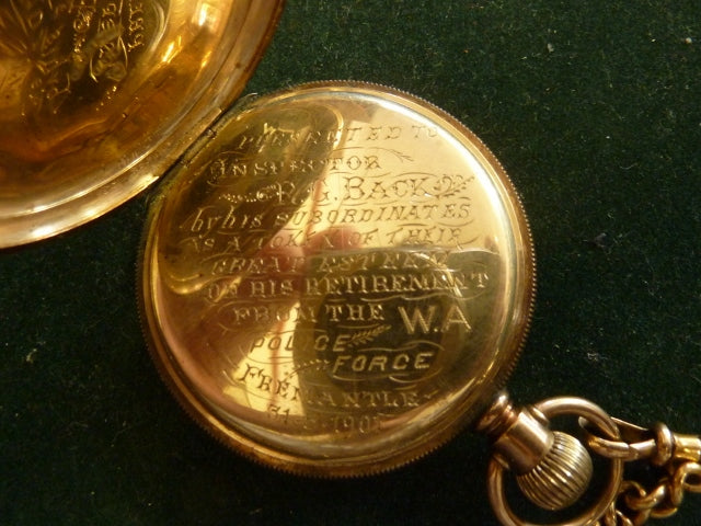 An excessively rare and historically important pre federation Western Australian GOLD Police 1897 Jubilee/Long Service Medal and engraved presentation gold Waltham pocket watch. Both presented to Inspector E.G.Back (Fremantle). - SOLD