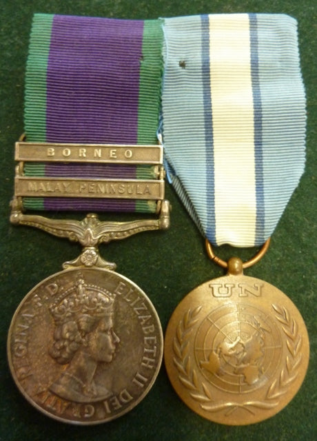 Pair: CSM Two Clasps;  "Malay Peninsula, Borneo" and United Nations medal Cyprus. Correctly impressed to 24033739 RFN F. A. E. Therton. 3 Green Jackets. - VF SOLD
