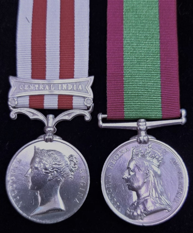 P63 Pair: Indian Mutiny Medal one clasp “Central India ”Ensign W F Sandwith 3rd Bombay European Regiment nicely engraved in capitals but is renamed. Afghanistan no clasp Maj. W F Sandwith 15th. BO NI.