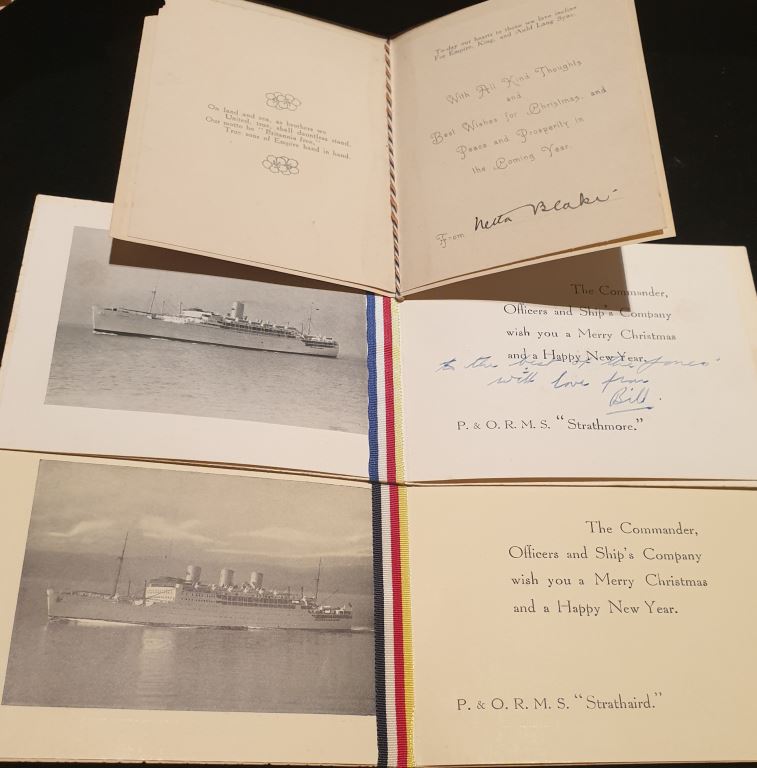 Three Christmas and New Years cards from WW1-WW2 period cruise line ships. P. & O.R.M.S. “Strathaird” (not filled out), P. & O.R.M.S.