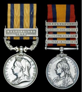 Pair: British South Africa Company Medal 1890-97 , reverse undated, 1 clasp, Mashonaland 1890 (Tpr. G. Seymour. B.S.A.C.P.) & Queen’s South Africa 1899-1902 , 4 clasps, Relief of Mafeking, Tugela Heights, Relief of Ladysmith, Transvaal - VF SOLD