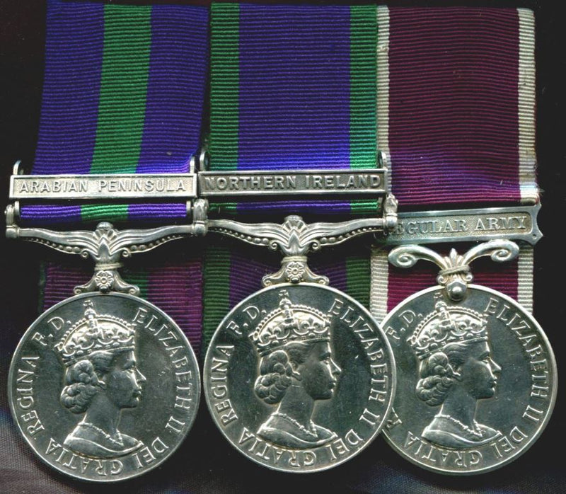 General Service Medal E2 clasp Arabian Peninsula, Campaign Service Medal E2 clasp Northern Ireland, Long Service & Good Conduct Medal E2 Regular Army to Staff Sergeant A M Shearer, Royal Army Ordnance Corps. - VF SOLD