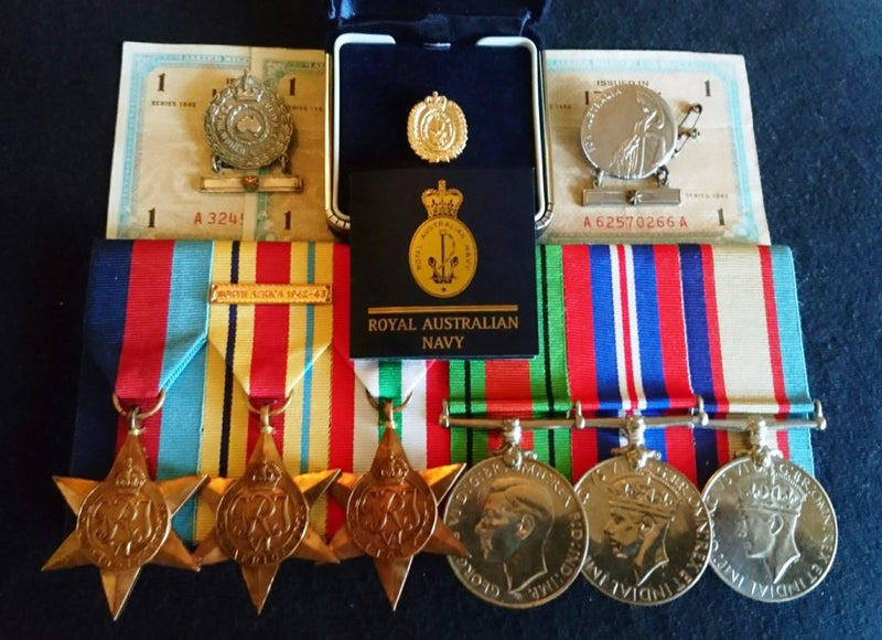 Six: 1939/45 Star, Africa Star (North Africa 1942-43), Italy Star, Defence Medal, War Medal and Australian Service Medal. Defence Medal, War Medal and Australian Service Medal all correctly named to J. G. SISSONS R.A.N.V.R.  - SOLD