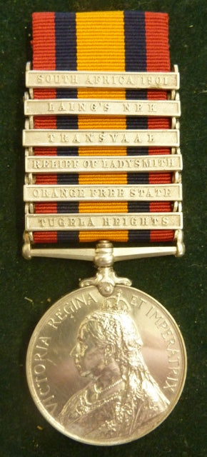 Single : QUEENS SOUTH AFRICA MEDAL 1899 six clasps "T. Hgts, OFS, R of Lady, T, LNEK, 01" impressed 2541 PTE T. WARING. S. LANC: REGT - EF SOLD