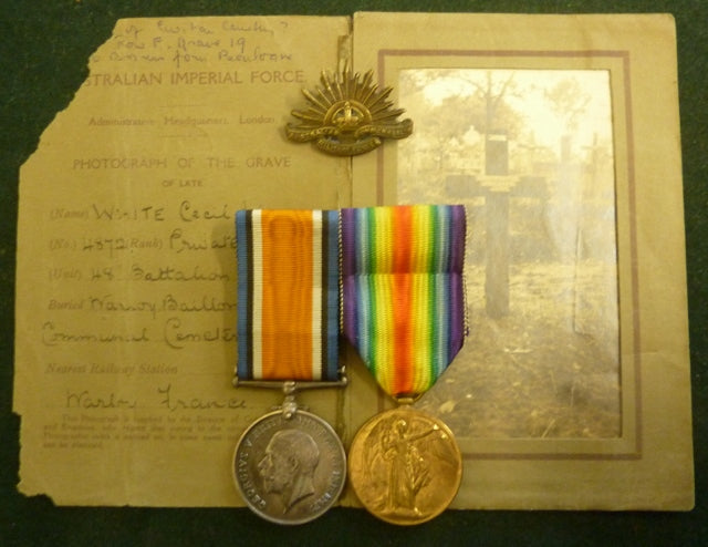 Pair: British War Medal and Victory Medal. Correctly impressed to 4872 PTE. C. J. WHITE 48-BN. A.I.F.  Previous service "15 days A.I.F. Exhibition" "15 days war service" - EF SOLD